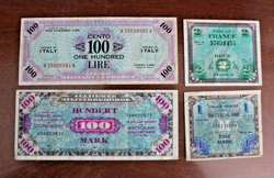 WORLD MILITARY CURRENCIES- 4 PIECE LOT- GERMANY, ITALY, FRANCE WORLD WAR 2