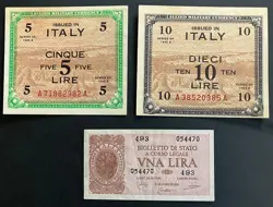 ITALY BANKNOTES (3) ISSUED WW2 DATED 1943 1944 - 1, 5 AND 10 LIRE NOTES - FINE