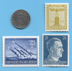GERMANY WW2 1940 G 1 RPF SWASTIKA COIN & HITLER SWASTIKA STAMP LOT WW2 ERA #44