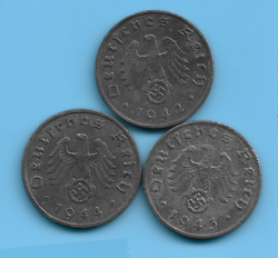 GERMAN THIRD REICH 1942 1943 1944 1 RPF SWASTIKA EAGLE COIN LOT WW2 ERA #54
