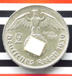GERMAN 2 REICHSMARK 1939 J HINDENBURG THIRD REICH SILVER COIN 3RD WW2 MARK UNC