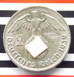 GERMAN 2 REICHSMARK 1939 D HINDENBURG THIRD REICH SILVER COIN 3RD WW2 MARK UNC