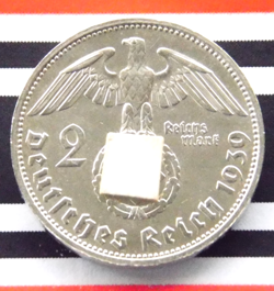 GERMAN 2 REICHSMARK 1939 F HINDENBURG THIRD REICH SILVER COIN 3RD WW2 MARK UNC