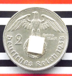 GERMAN 2 REICHSMARK 1938 F SWASTIKA HINDENBURG SILVER COIN 3RD WW2 RARE MARK UNC