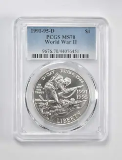 MS70 1991-95 D WORLD WAR 2 COMMEMORATIVE $1 PCGS BLUE LABEL *0824