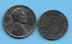 GERMAN 1943 B 1 RPF SWASTIKA COIN & US 1943 D 1 CENT STEEL PENNY LOT WW2 ERA #60