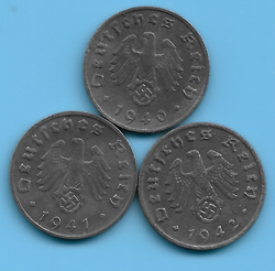 GERMAN THIRD REICH 1940 1941 1942 1 RPF SWASTIKA EAGLE COIN LOT WW2 ERA #60