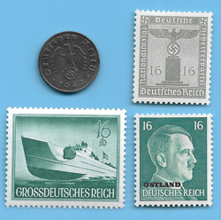 GERMANY WW2 1942 A 1 RPF SWASTIKA COIN & HITLER SWASTIKA STAMP LOT WW2 ERA #60