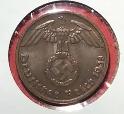 1938D GERMANY THIRD REICH SWASTIKA WORLD WAR 2! SWASTIKA! 1 PFENNIG! OLD COIN!
