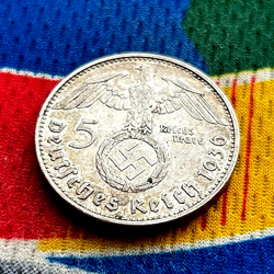 1936 J 5 MARK GERMAN WW2 SILVER COIN THIRD REICH  REICHSMARK TONED