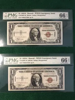 PAIR OF (2) SEQUENTIAL $1 1935A SC HAWAII WW2 EMERGENCY ISSUE BOTH PMG 66 EPQ