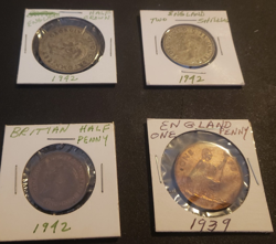 ENGLISH WW2 COINS, HALF CROWN, SHILLING, HALF PENNY, PENNY, NICE DETAILS