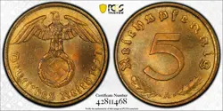 PCGS MS66! 1937-A 5 PFENNIG PFG GERMANY, J.363 WW2 THIRD REICH *ONE HIGHER* 468