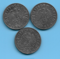 GERMAN THIRD REICH 1941 1943 1944 1 RPF SWASTIKA EAGLE COIN LOT WW2 ERA #62