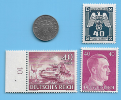 GERMANY WW2 1943 A 1 RPF SWASTIKA COIN & HITLER SWASTIKA STAMP LOT WW2 ERA #62