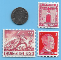 GERMANY WW2 1942 G 1 RPF SWASTIKA COIN & HITLER SWASTIKA STAMP LOT WW2 ERA #62