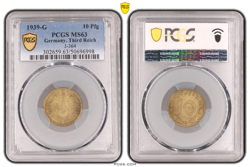 PCGS MS63 10 PFENNIG 1939 G SWASTIKA GERMANY THIRD REICH J-364 COIN WW2 PFG UNC