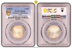 PCGS MS65 2 MARK 1938 E SWASTIKA GERMANY THIRD REICH SILVER COIN J-366 WW2 MK
