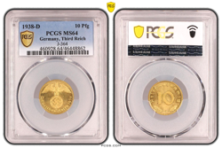 PCGS MS64 10 PFENNIG 1938 D SWASTIKA GERMANY THIRD REICH J-364 COIN WW2 PFG UNC