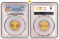 PCGS MS64 10 PFENNIG 1937 D SWASTIKA GERMANY THIRD REICH J-364 COIN WW2 PFG UNC
