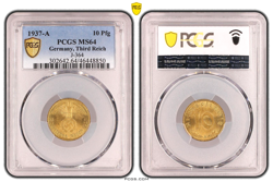 PCGS MS64 10 PFENNIG 1937 A SWASTIKA GERMANY THIRD REICH J-364 COIN WW2 PFG UNC