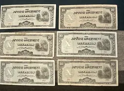 SIX JAPANESE WW2 PHILIPPINES OCCUPATION 10 PESOS 1942 WWII CURRENCY BANKNOTES