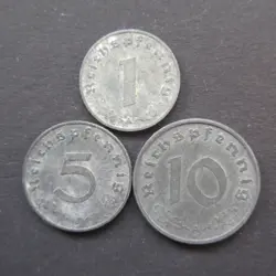 COMPLETE ZINC WARTIME COINSET OF GERMANY 1940 - 1944 EMERGENCY COINAGE WW2 (36)