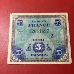 1944 FRANCE ALLIED MILITARY CURRENCY / 5 FRANCS FRENCH WORLD BANK NOTE WW2 WWII