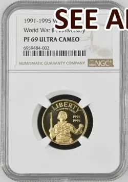 NOBLESPIRIT  GOLD 1991 $5 WORLD WAR 2 ANNIVERSARY NGC PROOF 69 ULTRA CAMEO
