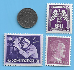 GERMANY WW2 1941 A 1 RPF SWASTIKA COIN & HITLER SWASTIKA STAMP LOT WW2 ERA #64