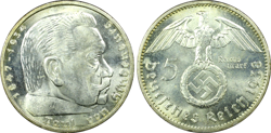 PCGS MS64 5 MARK 1938 A SWASTIKA GERMANY THIRD REICH SILVER COIN J-367 WW2 MARK