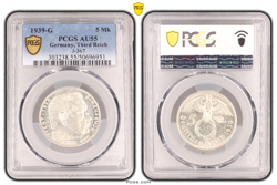PCGS AU55 5 MARK 1939 G SWASTIKA GERMANY THIRD REICH SILVER COIN J-367 WW2 5 MK