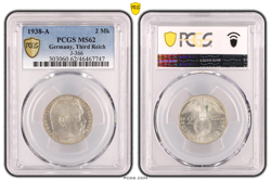 PCGS MS62 2 MARK 1938 A SWASTIKA GERMANY THIRD REICH SILVER COIN J-366 WW2 MK