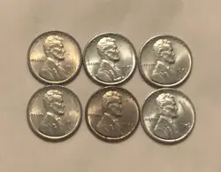 LOT OF 6 1943 P LINCOLN CENTS NICE HIGH GRADE ORIGINAL PENNIES. WORLD WAR 2