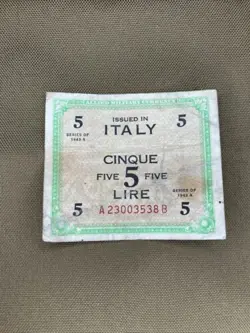 WW2 ITALIAN 5 LIRE 1943 ALLIED OCCUPATION CURRENCY ITALY BANKNOTE WWII WW2 NOTE
