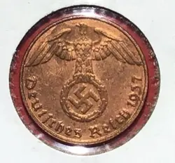1937D GERMANY THIRD REICH SWASTIKA WORLD WAR 2! SWASTIKA! 1 PFENNIG! OLD COIN!