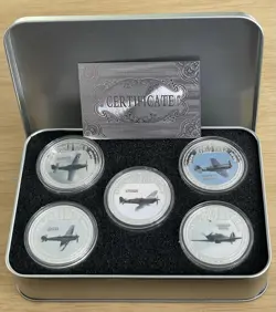 SET OF 5 FAMOUS AIRCRAFT OF WW2 SILVER PLATED COMMEMORATIVE COINS BU COA BOXED