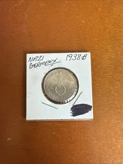 GERMAN 2 REICHSMARK 1938 B SWASTIKA HINDENBURG SILVER COIN 3RD WW2 RARE MARK UNC