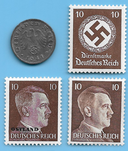 GERMANY WW2 1941 F 1 RPF SWASTIKA COIN & HITLER SWASTIKA STAMP LOT WW2 ERA #60
