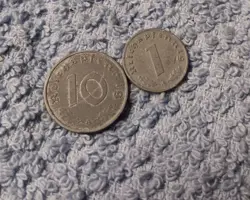 DAMAGED WW2 GERMAN 1 & 10 REICHSPFENNIG , 1942  WWII ERA CIRCULATED COINS