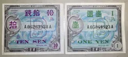 JAPAN 10 SEN & 1 YEN MILITARY CURRENCY UNC LOT OF 2 WW2 NOTES