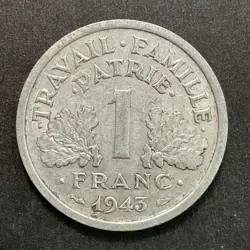 FRANCE 1943 COIN 1 FRANC ETAT FRANCAIS VICHY FRENCH STATE WWII WW2 FOREIGN COIN