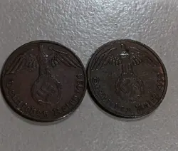 TWO GERMANY 1939 1 REICHSPFENNIG   COINS 3RD REICH WW2 PFENNIG