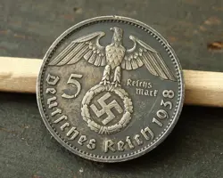 GERMAN WW2 100 % ORIGINAL 5 MARK SILVER COIN WITH PAUL VON HINDENBUG ( 1938-E )