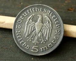 GERMAN WW2 100 % ORIGINAL 5 MARK SILVER COIN WITH PAUL VON HINDENBUG ( 1935-D )