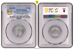 PCGS MS63 5 PFENNIG 1941 D SWASTIKA GERMANY THIRD REICH J-370 COIN WW2 TWO HIGHE