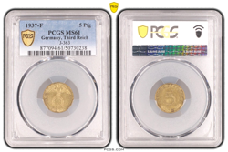 PCGS MS61 5 PFENNIG 1937 F SWASTIKA GERMANY THIRD REICH J-363 COIN WW2 5 PFG UNC