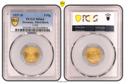 PCGS MS64 5 PFENNIG 1937 D SWASTIKA GERMANY THIRD REICH J-363 COIN WW2 5 PFG UNC