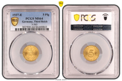 PCGS MS64 5 PFENNIG 1937 E SWASTIKA GERMANY THIRD REICH J-363 COIN WW2 5 PFG UNC