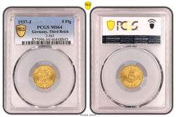 PCGS MS64 5 PFENNIG 1937 J SWASTIKA GERMANY THIRD REICH J-363 COIN WW2 5 PFG UNC